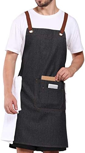 KE FEI Durable Chef Black Denim Cooking Apron with 3 Pockets + Towel Loop + Cross-Back Strap + Copper Rivet, Adjustable M to XXL. Urban Style - Suitable for Barista Apron,Men Apron and Grilling Apron