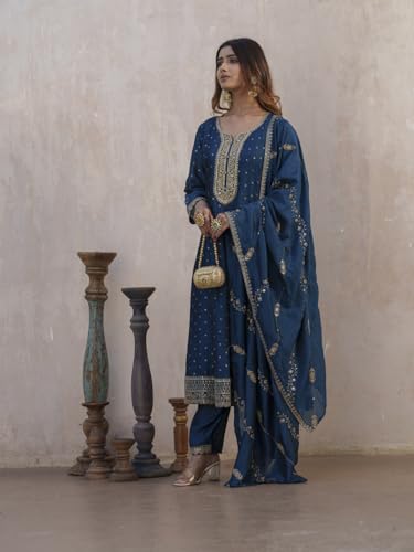 Image of Kaari Women's Embroidered Kurta Set with Dupatta - Festive Kurta Set for Women Polyester Blend