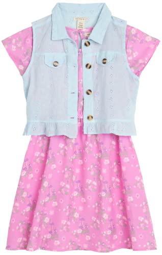 One Step Up Girls' Dress Set - 2 Piece Woven Eyelet Vest and Lightweight Challis Sundress (Size: 4-12), Size 4, Pink Multi