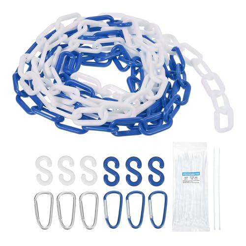 sourcing map Cadena de plástico de 4,6 m, cadena de seguridad de plástico azul y blanco, barrera de eslabones con bridas de cremallera, hebilla y ganchos en S para control de multitudes, línea de