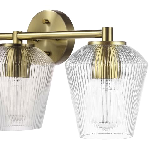 Image of GLOBE Electric 63000063 5-Piece All-in-One Bathroom Set, Matte Brass Finish, 3-Light Vanity Light, Glass Shades, Towel Bar, Toilet Paper Holder, Towel Ring, Robe Hook, Bathroom Lights Over Mirror