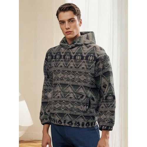 GURUNVANI Mens Ethnic Jacquard Hooded Sweatshirt Aztec Pattern Knit Hoodie Vintage Tribal Pullover Top4
