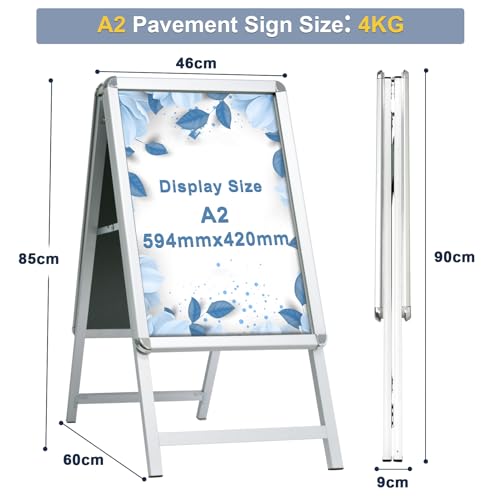 STANDNEE Kundenstopper A2 Plakatständer Outdoor Silber Bürgersteig Schild Rahmen Doppelseitiges Display A-Board Halter für Werbung (Silber-A2)