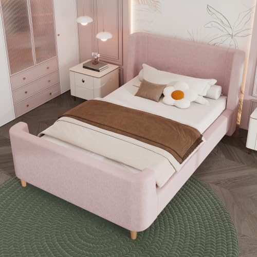 Merax 3FT Upholstered Kids Bed with Cosmic Pattern, 90 x 190 cm Single Bed Frame, Sleigh Style Girls Bed with Padded Headboard, Velvet Kids Single Bed for Boys and Girls, Pink Youth Bed, No Mattress