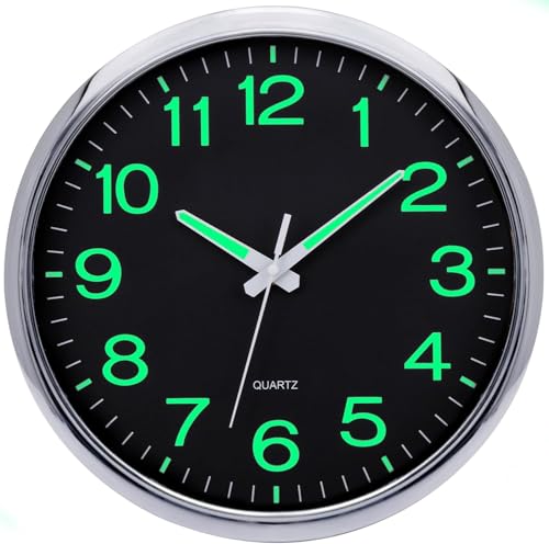 Warminn Wall Clock Glow in the Dark Silent Wall Clocks Non Ticking Battery Operated Night Lights Luminous Modern 12 Inches Large Clock for Kitchen Bedroom Bathroom Living Room