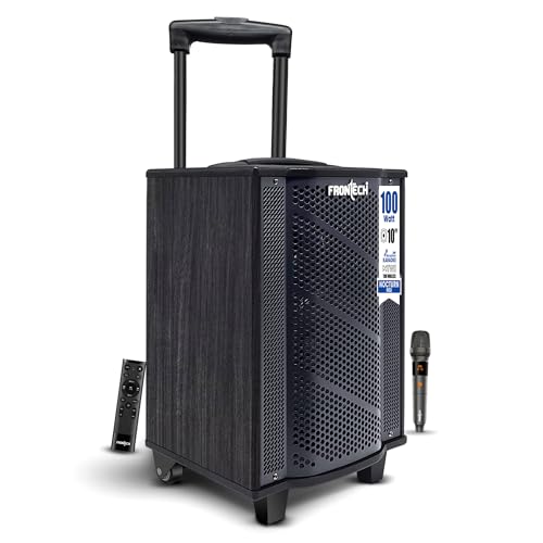 Image of FRONTECH Nocturn Neo Trolley Speaker | 100W Powerful Sound | Wireless Microphones | USB /TF /Bluetooth /FM | Guitar & MIC Input | Rechargeable Battery (SW-0225, Black)