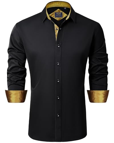 J.VER Dress Shirts for Men Contrast Collar Casual Button Down Shirt Semi Formal Wedding Party Stylish Tops Black Gold Medium
