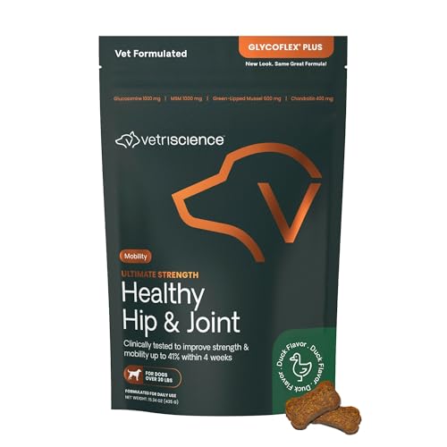VetriScience Ultimate Strength Healthy Hip & Joint Chews, GlycoFlex Glucosamine, Chondroitin and Green-Lipped Mussel Joint Support Supplement for Dogs, Soothe Joint Discomfort, Duck, 60 Count