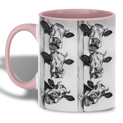 ANOVRA Funny Cow Faces Mug, Farm Animal Coffee Cup with Silly Expressions, Black and White Cow Lover Ceramic Gift (Pink, 11oz)
