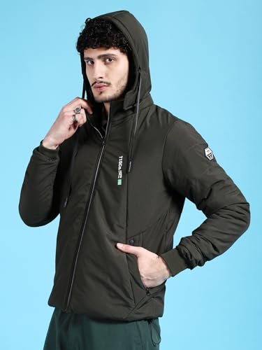 Image of The Indian Garage Co Men Black Regular Fit Solid Hooded Bomber Jacket