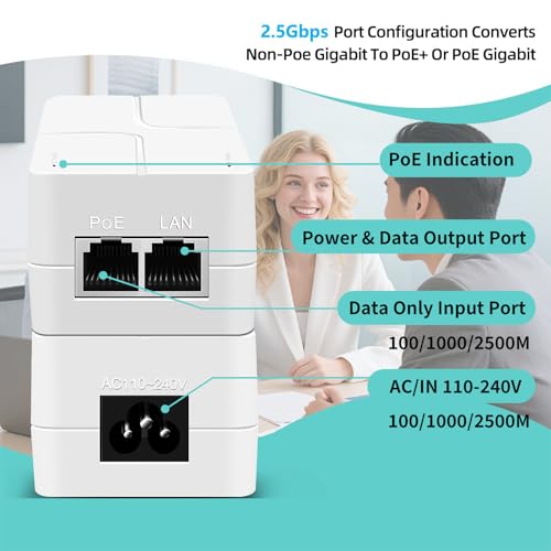 Inyector PoE hasta 60 W, Adaptador PoE de 2,5 Gigabit para cámaras IP y teléfonos IP, distancia de red hasta 100 m, fuente de alimentación PoE certificada UL, blanco miniatura 3