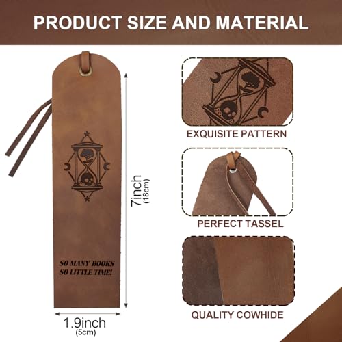 MAYJOYDIY 4pcs Hourglass Tree Leather Bookmark Skull Moon Star Leather Page Markers 5×18cm So Many Books So Little Time Text Handmade Vintage Book Mark for Book Reading Bookworms Writers Gifts - Image 2