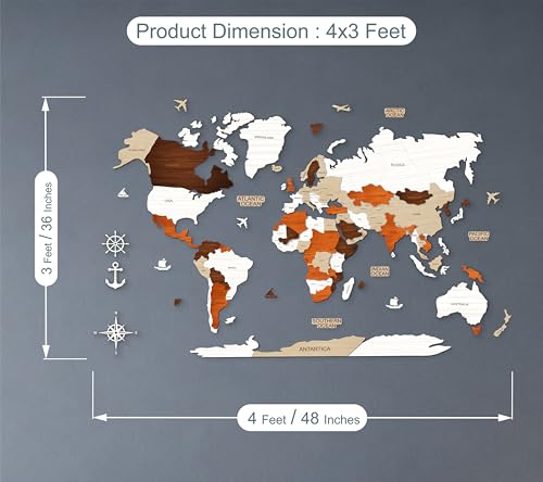 Image of AD INFINITUM 3D Wooden Map of The World | Home Decor | Office Decor | A great gift for travelers | Wall decor Country names with Borders (Multicolor Multilayer, 4x3 Feet, WORLD MAP)