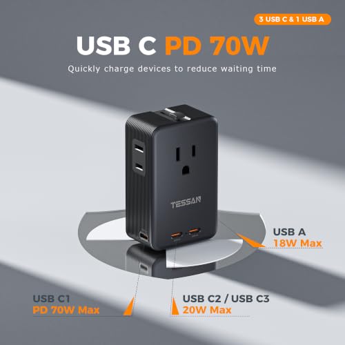 Image of TESSAN Universal Travel Adapter 70W, Ultra Thin International Power Adapter | 3 USB C 1 USB A, Worldwide Plug Adaptor for USA to Europe UK Italy Ireland Australian France Iceland Germany, Type C G A I