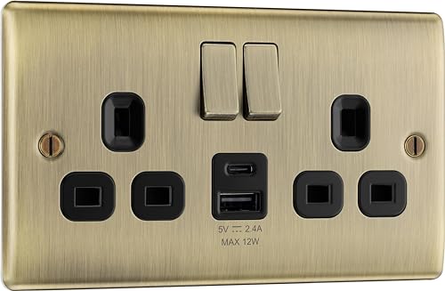 BG Electrical 12W Double Switched Power Wall Plug Socket with USB A and USB C Charging Ports Nexus Metal Antique Brass 13A NAB22UAC12B