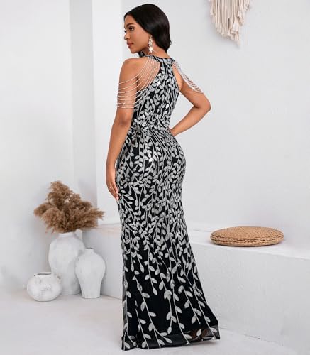 Image of Cololura Women Sexy Elegant Sequin Tassel Off Shoulder Halter Bodycon Maxi Dress Party Evening Gown Formal Dress
