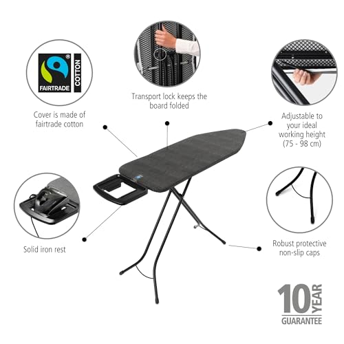 Image of Brabantia XL Comfort Ironing Board with Solid Steam Iron Rest | Large (Size C) | Fairtrade Denim Black Cover | Adjustable Height (27-38 inch), Easy Fold, Anti-Collapse Lock, Non-Slip Feet