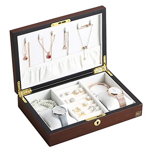 Caja de joyería grande organizadora de madera rectangular de terciopelo para mujer, collar, anillo, aretes, relojes, joyas, caja de almacenamiento (B) Cover