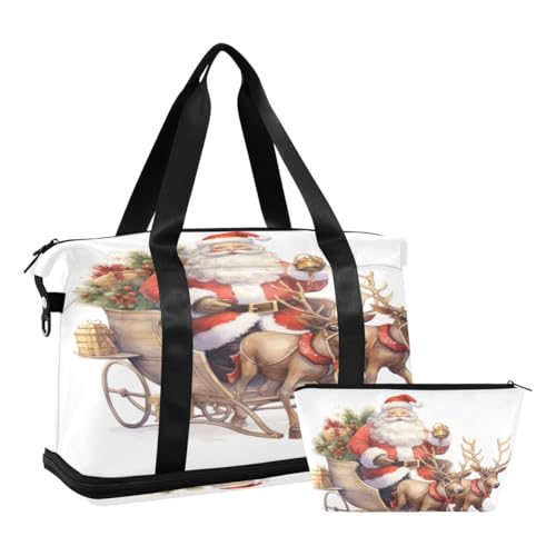ALAZA Reindeer Animal Santa Claus Merry Christmas Duffel Bag with Shoe Compartment Tote Bag Weekender Overnight Bag with Wet Pocket for Travel,Gym,Yoga,Swimming