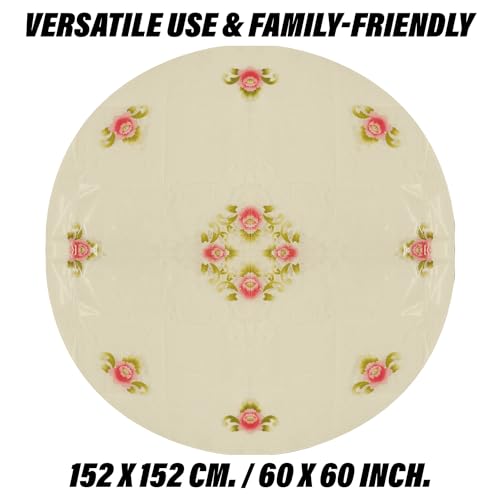 Image of Kuber Industries Round Table Cover | PVC 4 Seater Table Cloth for Round Tables | Flower Almond Kitchen Dining Tablecloth | 60 Inch | Cream