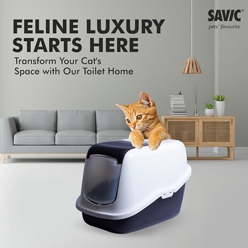 Image of Savic Nestor Covered Cat Litter Box for Indoor Cats, Enclosed Hooded Cat Toilet Home with Flip-Up Door, Odor Control & Easy Cleaning Design - Black, 22x15x15 Inch | Covered Hooded Design