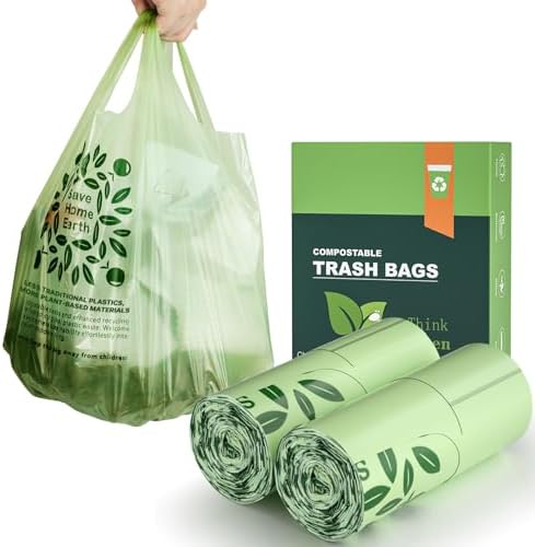 1.6-2 Gallon Compostable Trash Bags with Handle Tie, AYOTEE 50 Count Mini Trash Bag Kitchen Food Scrap Waste Bags, Certified By ASTM Standard Compost Bags for Kitchen Compost Bin Green