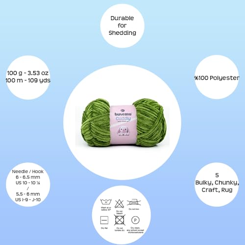 Image of Cuddly Velvet Chenille Yarn, Super Soft Fluffy Bulky for Knitting Crocheting Crafting Blanket Amigurumi, Durable for Shedding, 100 Gram (3.53 Ounces) 109 Yards (100 Meters) (Grass Green)