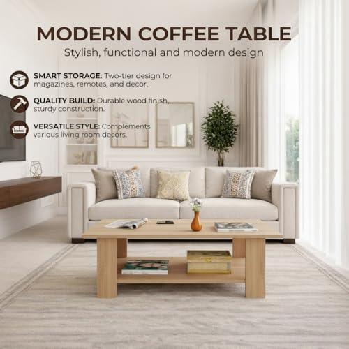Image of Spyder Craft Modern Coffee Table with Open Storage Shelf - Minimalist Rectangular Center Table for Living Room, Office, and Lounge - Durable Engineered Wood, Easy Assembly (Oak) (Assembly -DIY)