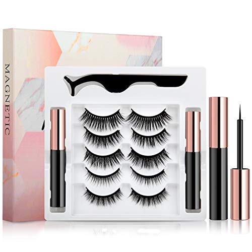 [2021 Upgrade] Magnetic Eyelashes, 5 Pairs Magnetic Lashes and Eyeliner Kit, No Glue Needed, Natural Look Magnetic Fake Lashes with 2 Tubes of Magnetic Eyeliner & Tweezers-Easy Use and Reusable