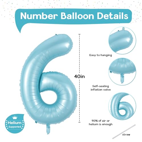 Image of Light Blue Number 6 Balloon for Kids 6th Birthday, 40 Inch Large Pearl Baby Blue Number Foil Balloon, Mylar Self Inflating Helium 6 Balloon for Boys Men Birthday Party Anniversary Decorations Supplies