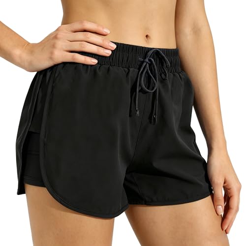 TIMEPAY Women Running Shorts Quick Dry Workout Gym Shorts High Waist 2 in 1 Athletic Shorts with Liner Pockets Black