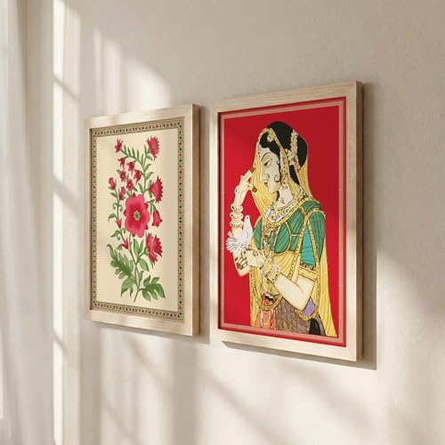 Image of NoWorries Floral Traditional art Set of 2 Wall Frames /Rajasthani Theme Paintings for Wall decoration Home and Cafe Decor - Madhubani art Wall Framed Posters - Traditional Frames for Living room, Dining room and Bedroom Decor (Synthetic Wood frame) (Leminated 300 GSM Pigment Digital Print) (framed, Multicolur) Set of 2