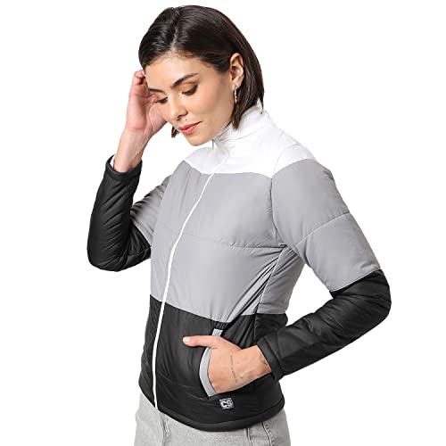 Image of Campus Sutra Women Grey Colour-Blocked Puffer Regular Fit Bomber Jacket For Winter Wear | Standing Collar | Full Sleeve | Zipper | Casual Jacket For Woman & Girl | Western Stylish Jacket For Women
