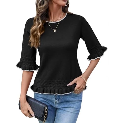 AKEWEI Womens 3/4 Sleeve Pullover Sweater Crewneck Knit Peplum Tops Lightweight Casual Going Out Outfits Black Small