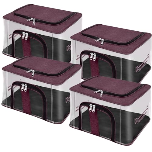 Image of Storite Nylon 33 L PVC Transparent Moisture Proof Storage box for Clothes Closet Wardrobe Organizer for Clothes Saree Bags with Carry Handle (Grey, 44L x 31W x 24H cm) (Vivid Red, 4 Pack)