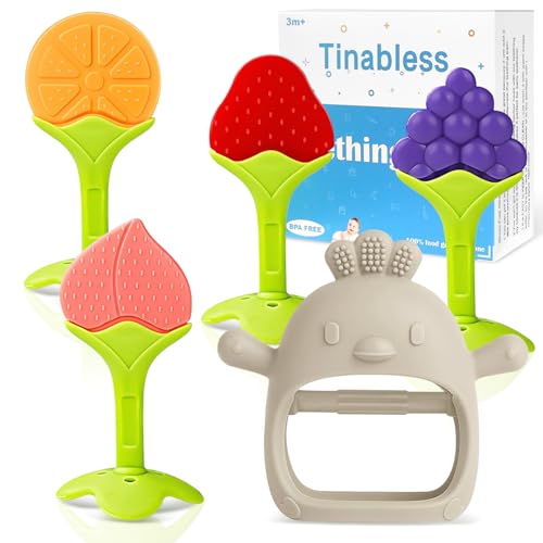 Image of Tinabless Baby Teething Toys 5 Pack, Silicone Teething Mitten & Hand Teethers for Babies 3+ Months, BPA-Free Food Grade Silicone Chew Toys, Anti-Drop, Freezer Safe, Caramel
