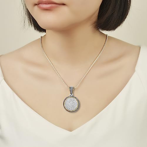 UNY JEWEL Jewelry Make a Statement With Our Two Tone Twisted Cable Wire Round Circle Enhancer Pendant Featuring Pave Rhinestone 2mm Box Chain 45cm + 5cm Extension4