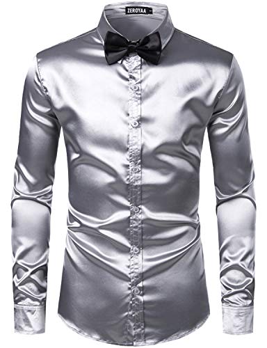 ZEROYAA Men's Luxury Shiny Silk Like Satin Button Up Dress Shirts