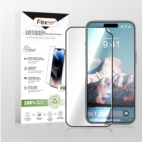 Flexklearglass® Unbreakable Hybrid Glass Screen Protector for iPhone 15 Pro Max, 9H Hardness as Tempered Glass with Auto Installation Kit, Ultra HD Clarity, Anti-Fingerprint, Anti-Shattering