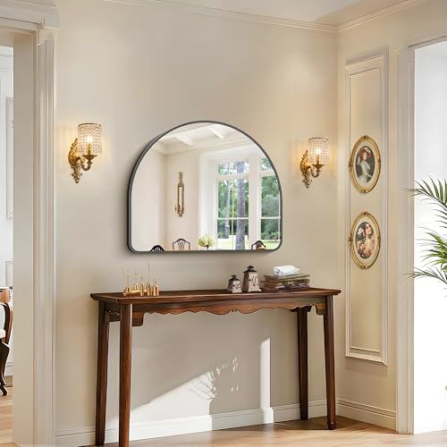 Image of FORBATH Arched Bathroom Mirror 36x30 Inch, Black Bathroom Mirror Wall Mounted Modern Aluminum Alloy Frame Arch Mirror for Bedroom Living Room Entryway, Hanging or Leaning Against Wall