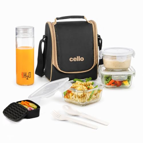 Image of CELLO All In One Glass Lunch Box with Bag for Office Use, Black | 2 x 320ml Square, 1 x 240ml Round, 130ml Plastic Containers, Spoon & Fork with 550ml Glass Bottle Leak Proof Tiffin Box Set for Travel