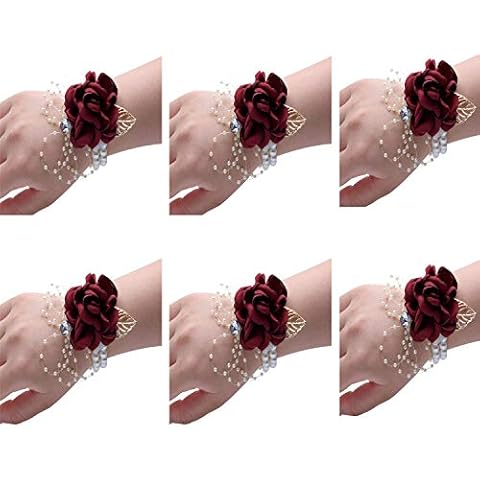 Flonding Wedding Corsage Set of 6 Girl Wrist Flower Bridesmaid Hand Flower Wrist Corsage Homecoming Prom Party (Wine Red) Cover