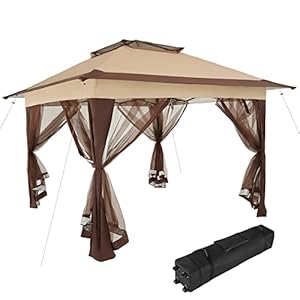 tectake® Vouwpaviljoen met Waterafstotend Dubbel Dak met UV-bescherming | 364 x 364 x 294 cm | Tuinpaviljoen met 4 Klamboe Zijpanelen | Opvouwbaar | Inclusief Transporttas – div kleuren