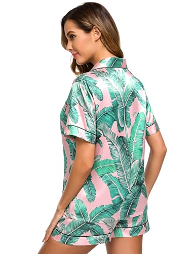 Image of SWOMOG Womens Silk Satin Pajamas Set Short Sleeve Sleepwear Button Down Top and Shorts Loungewear 2 Piece Pjs Set XS-3XL