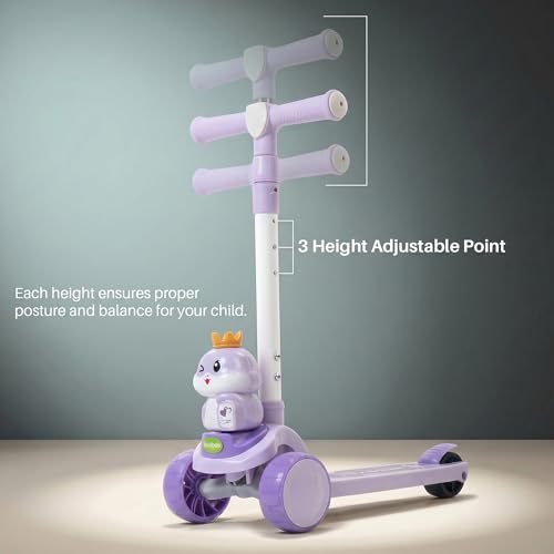 Image of Baybee Dino Crown Kick Scooter for Kids | 3 Wheel Kick Scooter with RGB LED Wheels & Music | 3 Height Adjustable Handle & Rear Brake | Foldable Scooter for Kids 3 to 8 Years Boys & Girls (Purple)