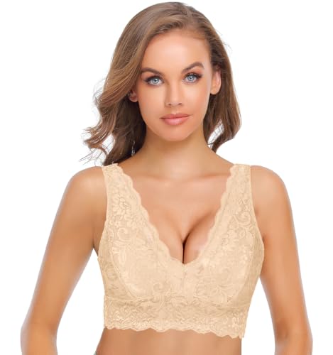 SHEKINI Damen BH Ohne Bügel Bralette Damen Spitze Bustier Spitzen BH mit Abnehmbare Gepolstert V Ausschnitt Sexy Crop Top Spitzenunterwäsche Frauen