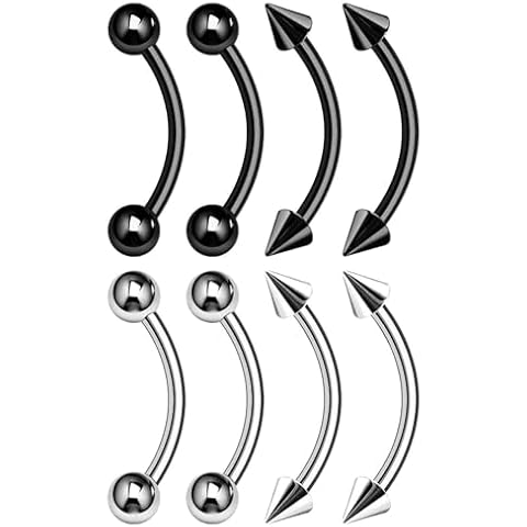 BanaVega 8PCS Stainless Steel Black Curved Barbell Bar 14 Gauge 1/2 12mm 4mm Ball Spike Lobe Earrings Eyebrow Piercing Jewelry 12246 Cover