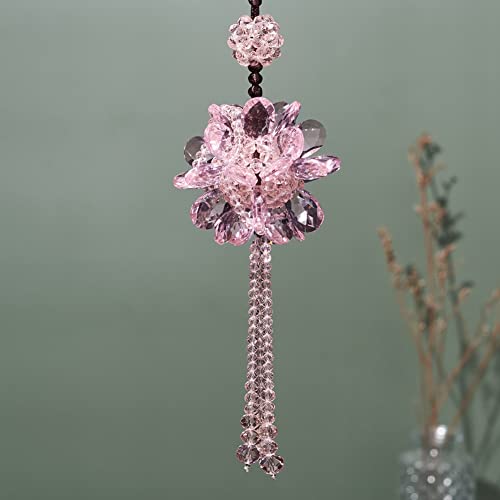 Image of Crystal Flower Ball Car Pendant Lucky Car Mirror Hanging Ornament Crystal Suncatcher Hanging Charm Auto Interior Decoration, Pink
