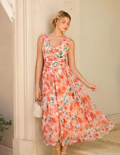 Image of GRACE KARIN Women's Summer Sleeveless Floral Maxi Dress V Neck Formal Wedding Guest Dress A Line Beach Vacation Clothes