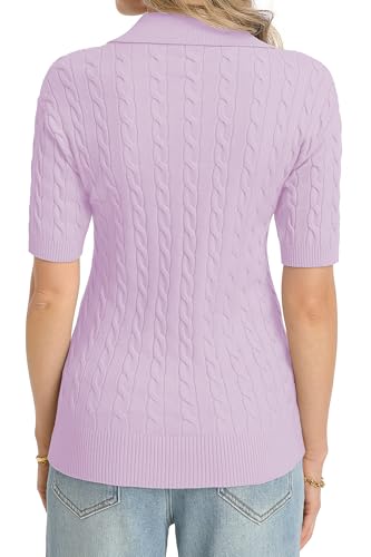 Image of QUALFORT Cable Knit Women's Short Sleeve Sweater Soft V Neck Polo Tops